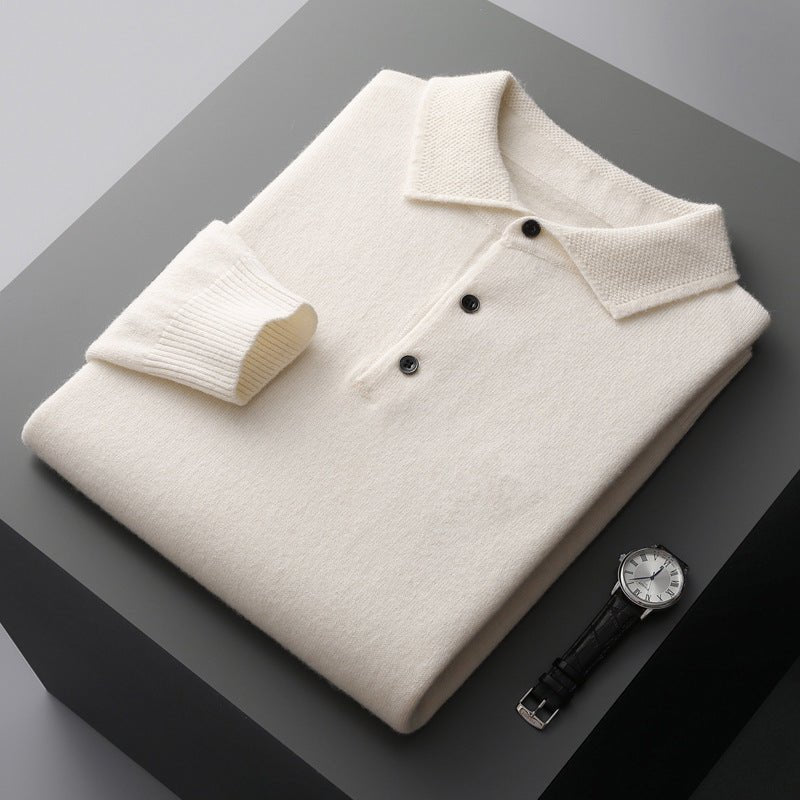 Men's Knit Long-Sleeve Three-Button Polo Jumper Regular Fit - White
