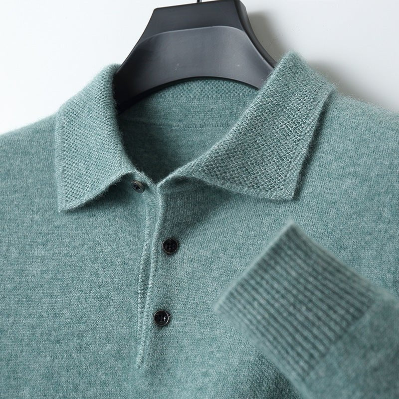 Men's Knit Long-Sleeve Three-Button Polo Jumper Regular Fit - Green