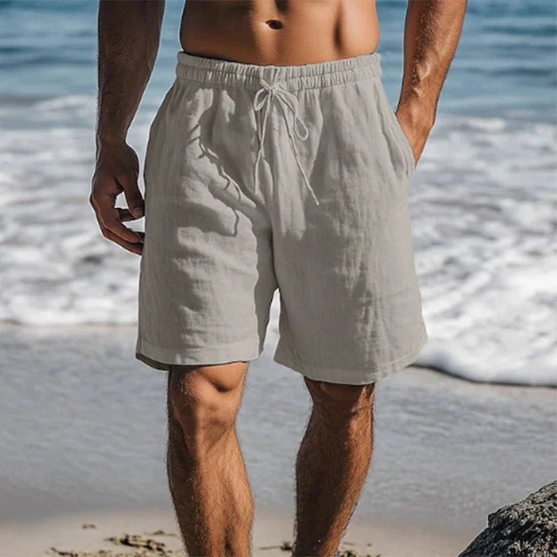 Men's Linen Drawstring Elastic-Waist Mid-Thigh Beach Shorts - Grey