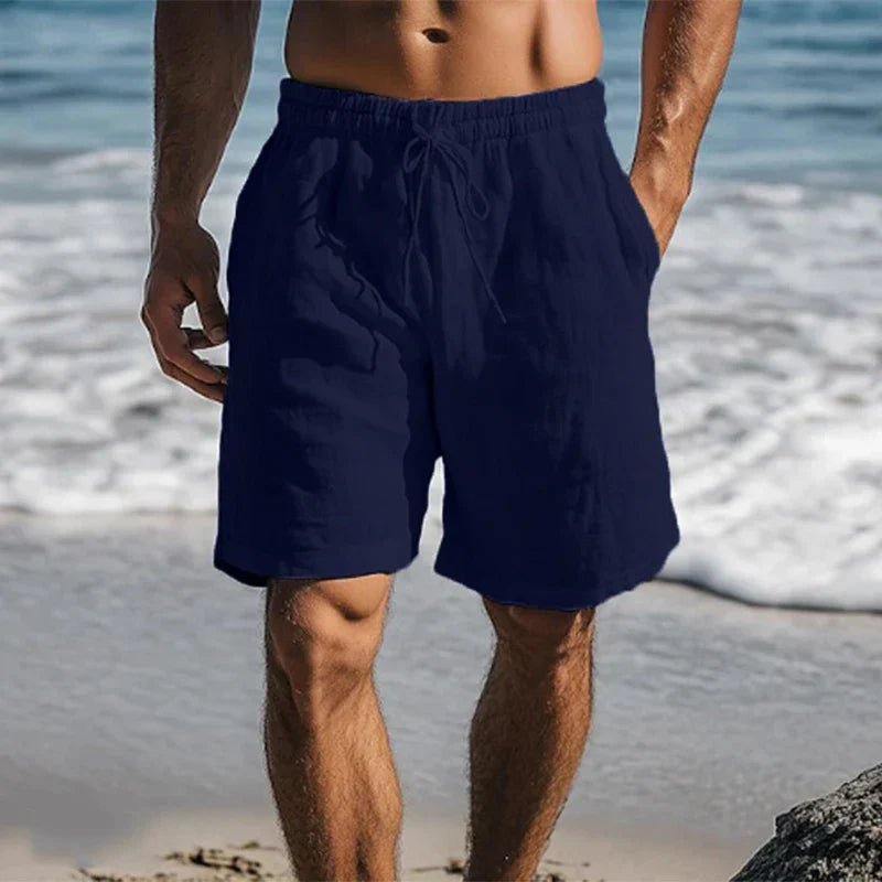 Men's Linen Drawstring Elastic-Waist Mid-Thigh Beach Shorts