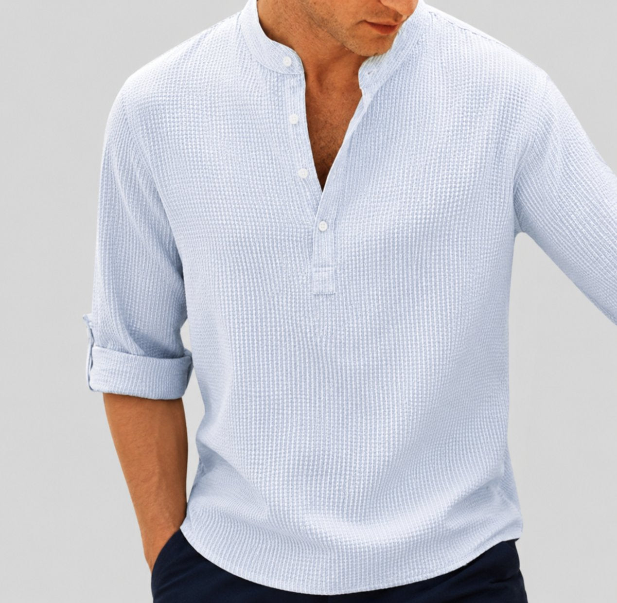Men's Linen Henley Collarless Long-Sleeve Summer Shirt - Blau