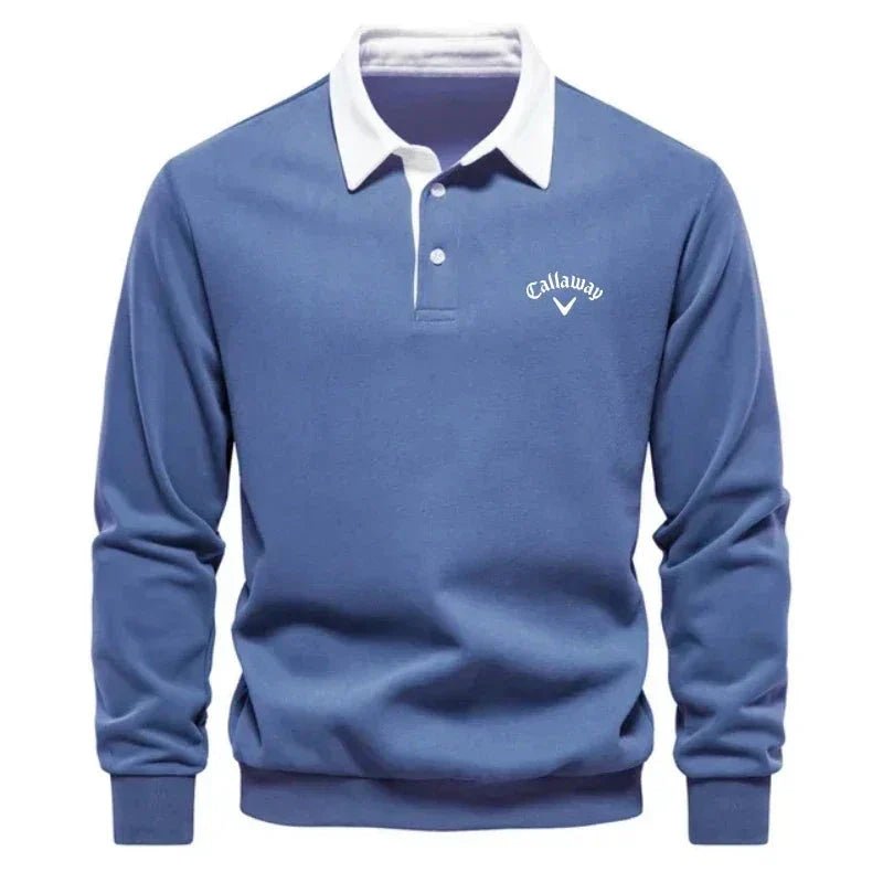 Men's Long-Sleeve Contrast Collar Cotton-Blend Golf Polo Jumper - Blue
