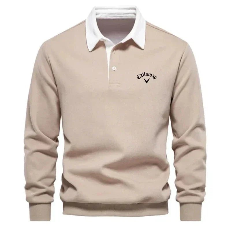 Men's Long-Sleeve Contrast Collar Cotton-Blend Golf Polo Jumper - Beige