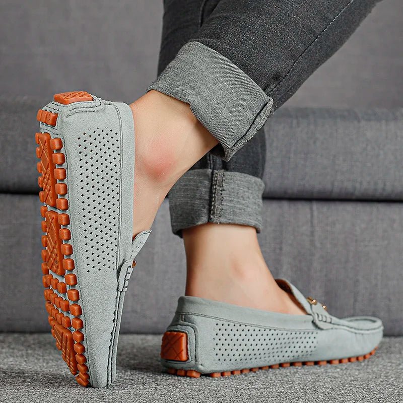 Men's Perforated Suede Slip-On Loafers Contrast Sole