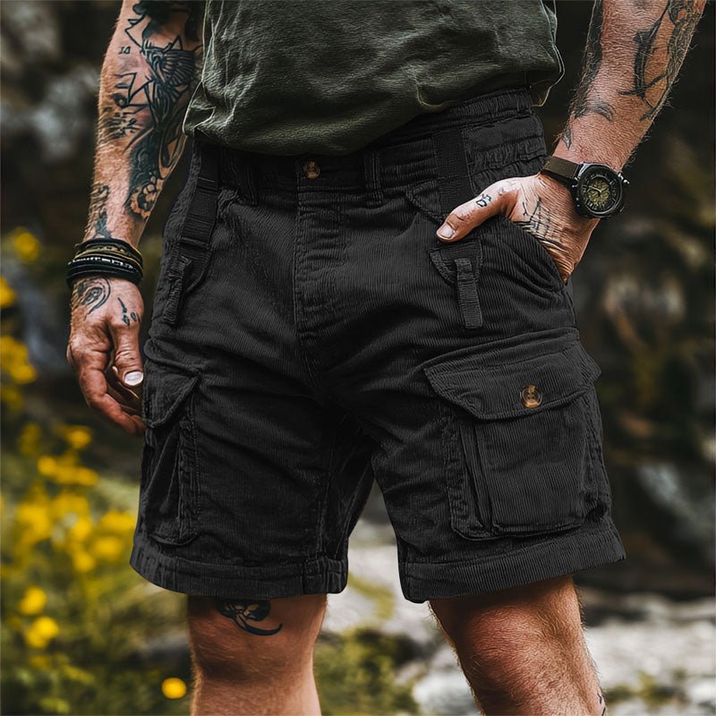 Men's Regular-Fit Knee-Length Corduroy Multi-Pocket Cargo Shorts - Black