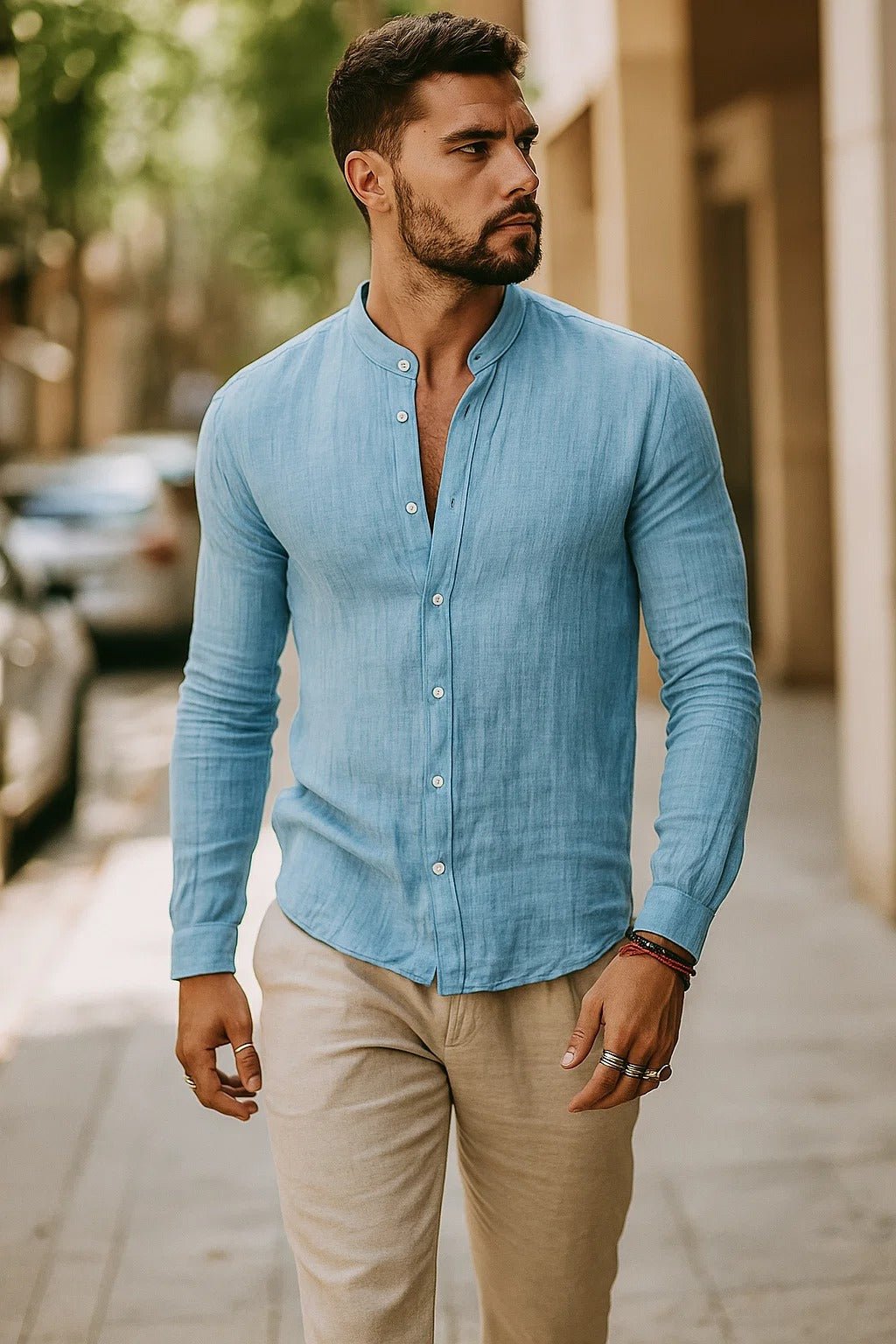 Men's Regular-Fit Linen Grandad Collar Long-Sleeve Shirt - Light Blue