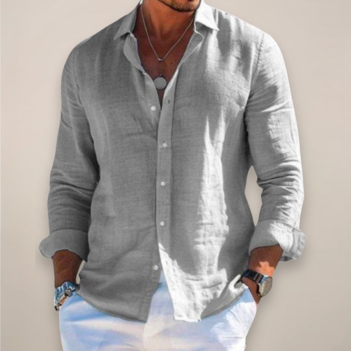 Men's Regular-Fit Long-Sleeve Linen Button-Up Shirt - Grey