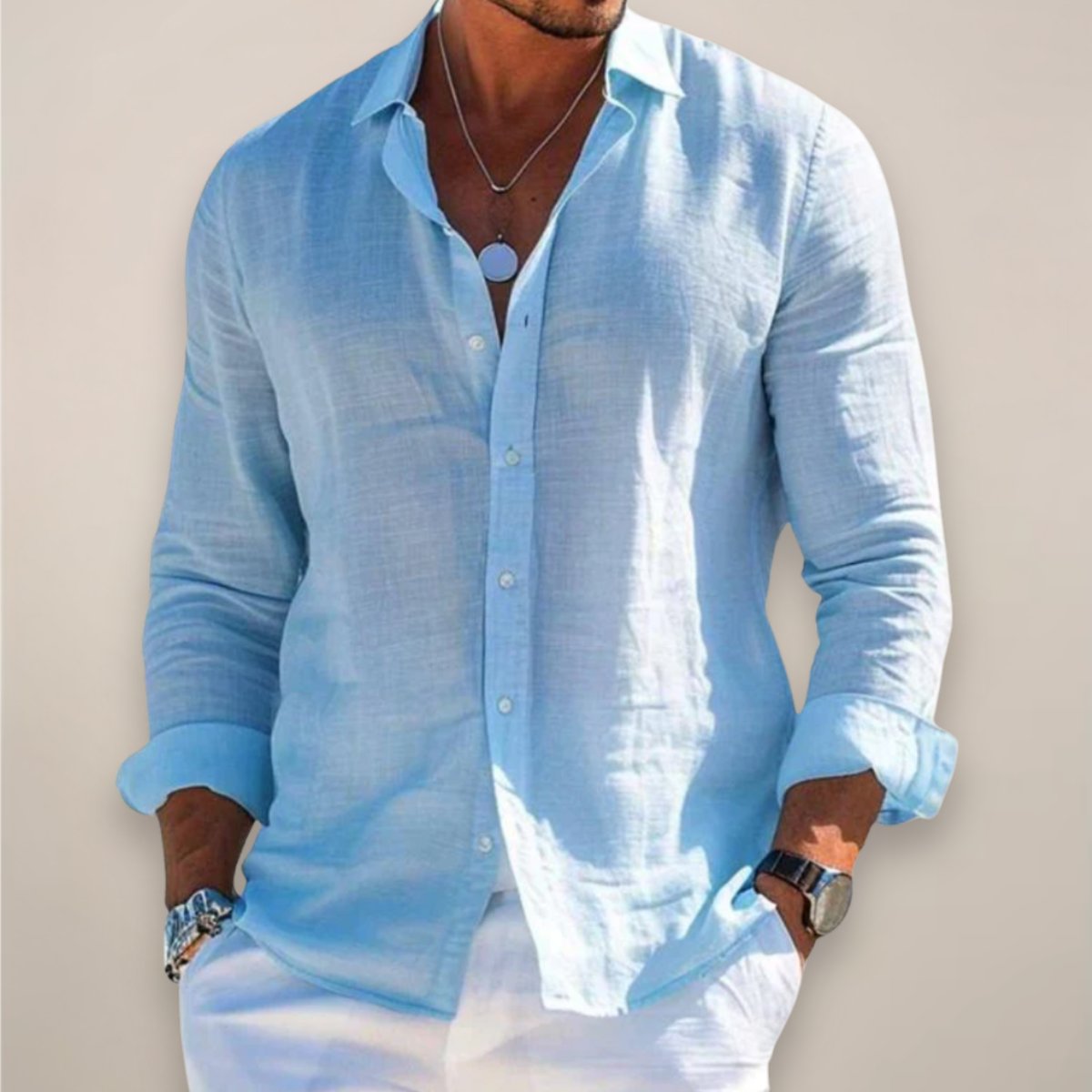 Men's Regular-Fit Long-Sleeve Linen Button-Up Shirt - Blue