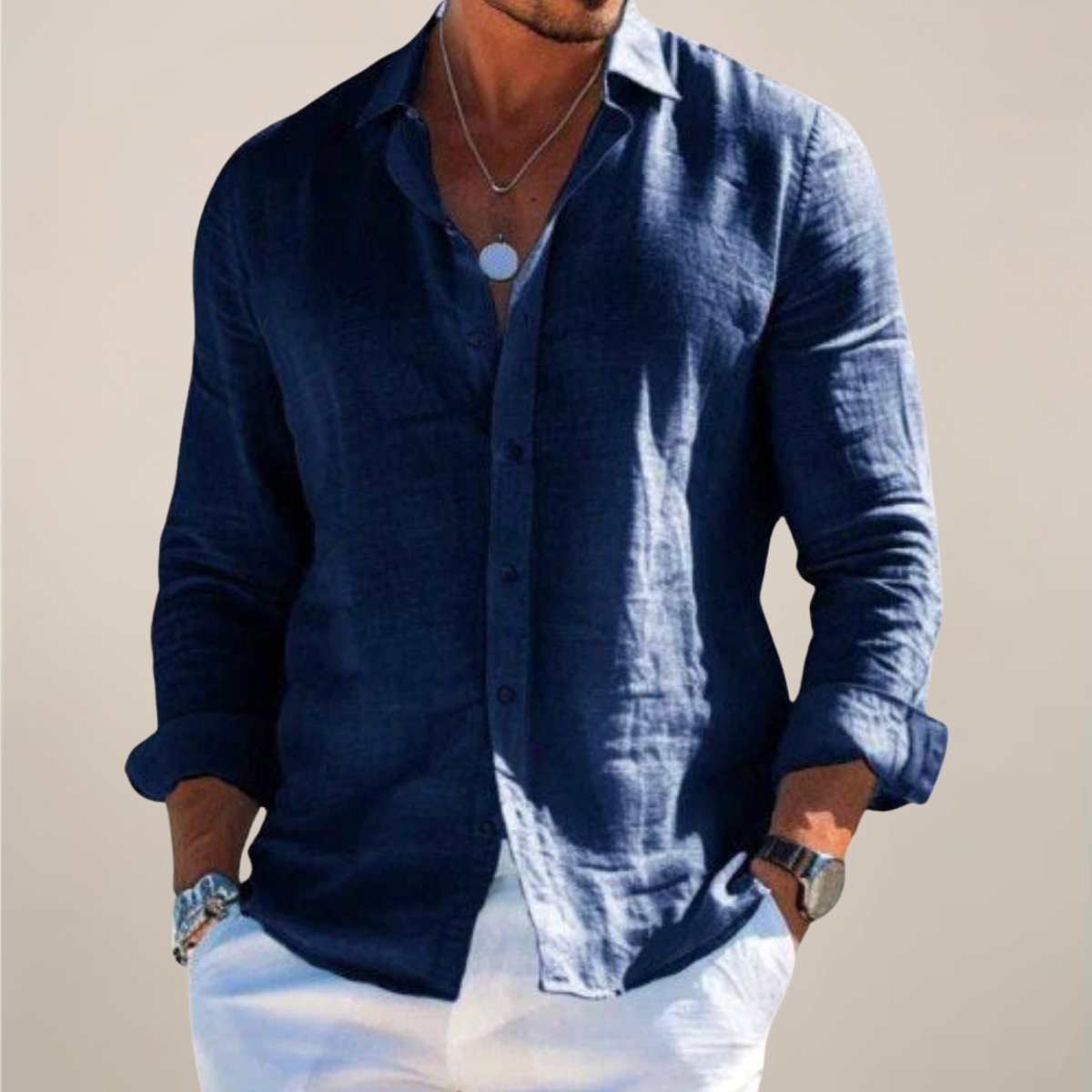 Men's Regular-Fit Long-Sleeve Linen Button-Up Shirt - Navy Blue