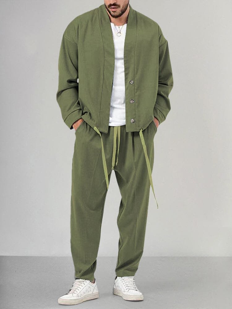 Men's Relaxed-Fit Button-Front Overshirt Drawstring Trouser Lounge Set - Green
