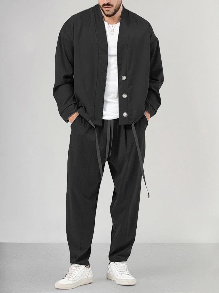 Men's Relaxed-Fit Button-Front Overshirt Drawstring Trouser Lounge Set - Black