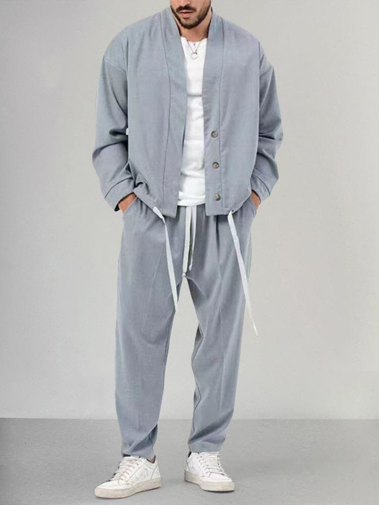 Men's Relaxed-Fit Button-Front Overshirt Drawstring Trouser Lounge Set - Light Gray