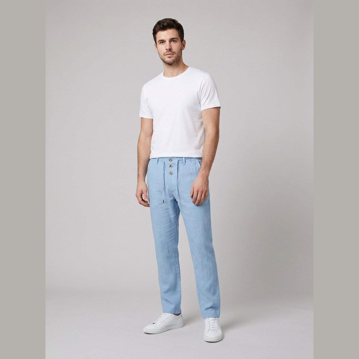 Men's Relaxed-Fit Drawstring Linen Pleated Trousers - Light Blue