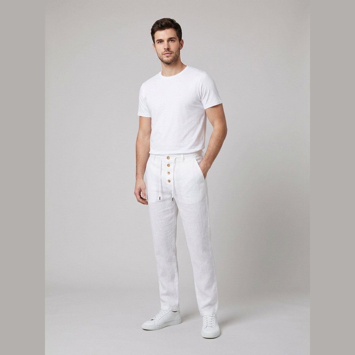 Men's Relaxed-Fit Drawstring Linen Pleated Trousers - White