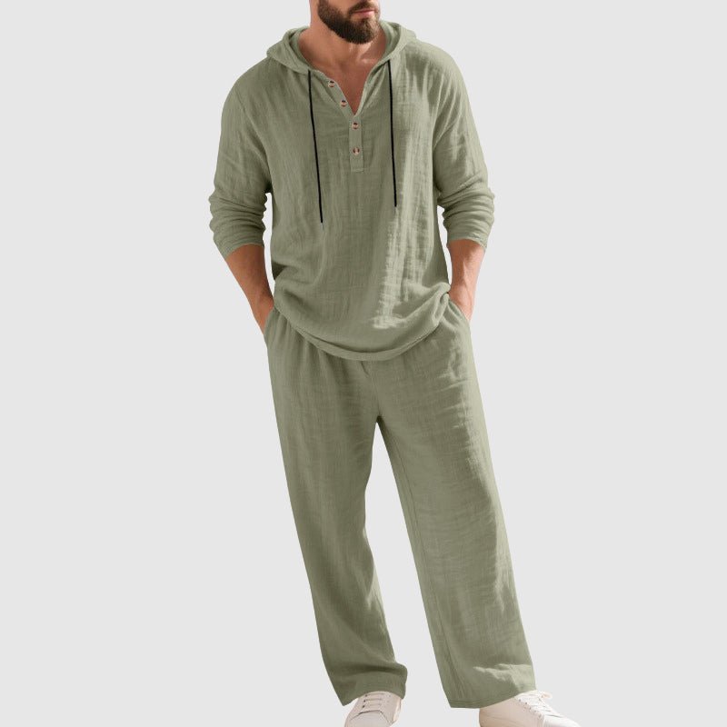 Men's Relaxed-Fit Hooded Linen Two-Piece Henley Shirt Trouser Set - Green