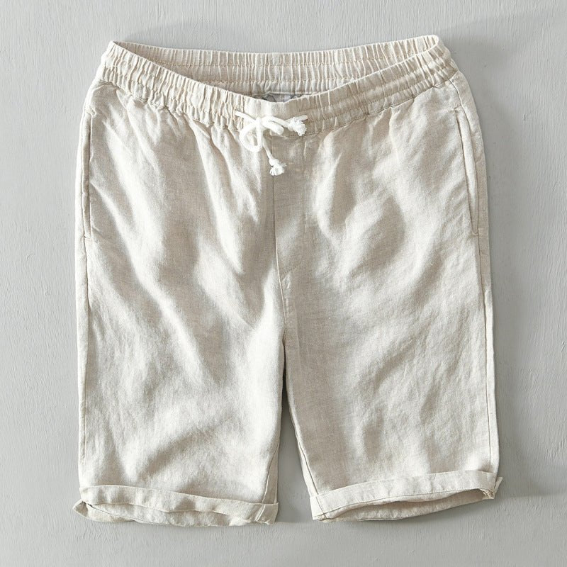 Men's Relaxed-Fit Mid-Rise Drawstring Linen Shorts - Beige