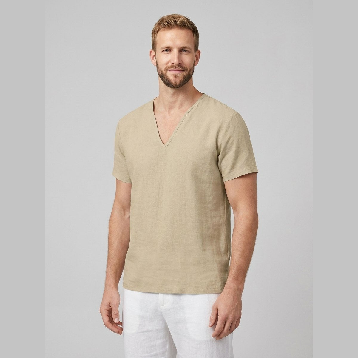Men's Relaxed-Fit V-Neck Short-Sleeve Linen T-Shirt - Khaki