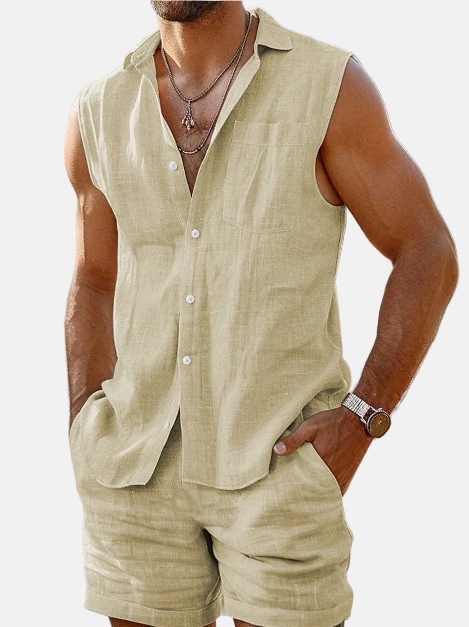 Men's Sleeveless Linen-Look Button-Down Shirt Shorts Set - Beige