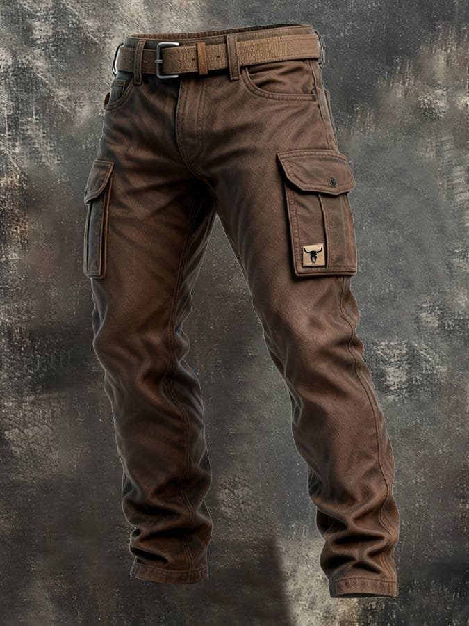 Men's Slim Tapered-Fit Cargo Trousers Flap-Pocket Bull Patch - Braun