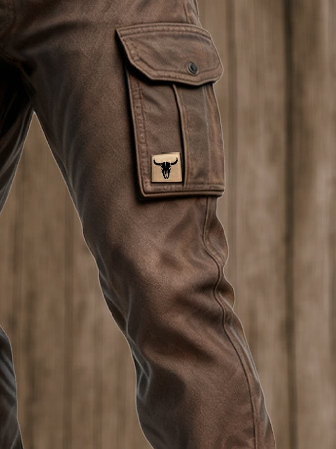 Men's Slim Tapered-Fit Cargo Trousers Flap-Pocket Bull Patch