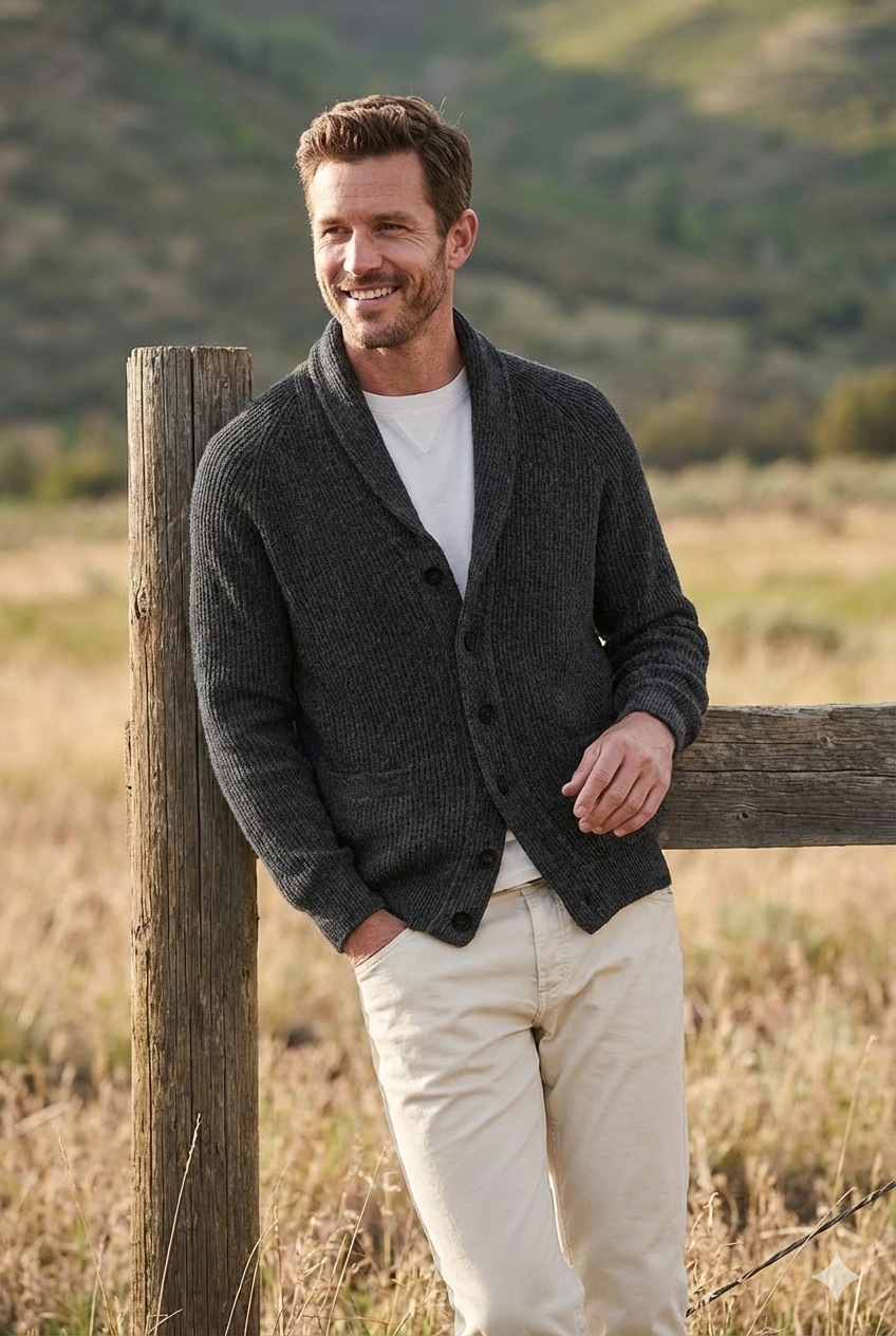 Men’s Chunky Knit Shawl Collar Cardigan - Button-Down Relaxed Fit Ribbed Sweater