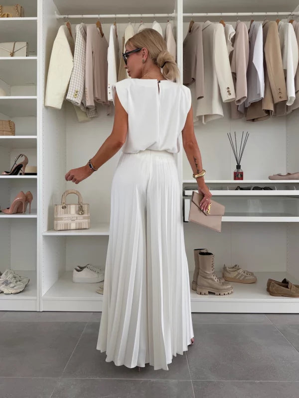 Women’s Elegant Sleeveless Top Wide-Leg Pleated Pants Set - 2-Piece Outfit