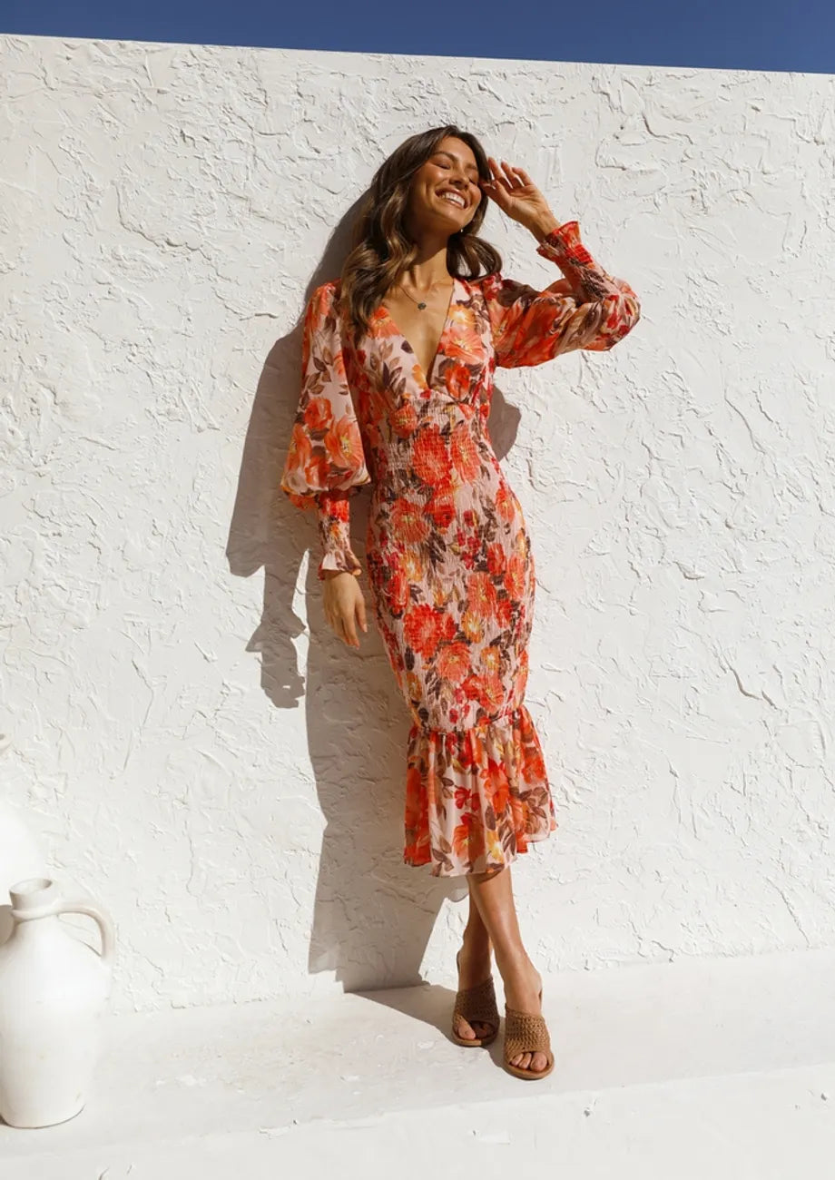 Bridgit - Print V‑Neck Ruffle Maxi Dress