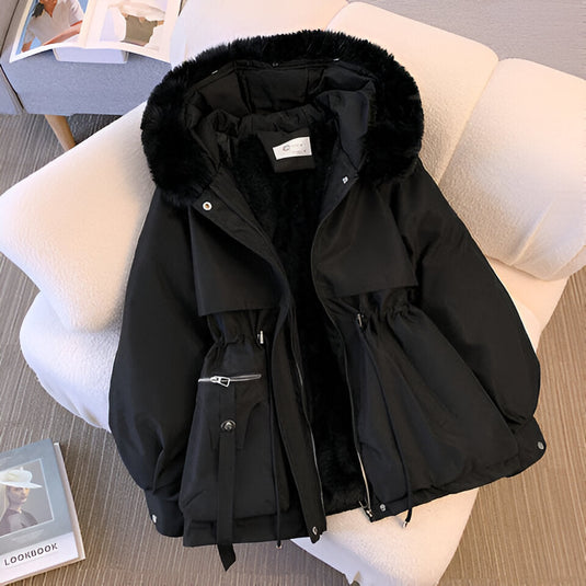 Women’s Elegant Hooded Winter Jacket - Drawstring Waist Faux Fur Trim