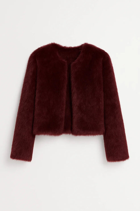 Women’s Cropped Faux Fur Jacket - Elegant Open Front Coat