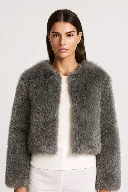 Women’s Cropped Faux Fur Jacket - Elegant Open Front Coat