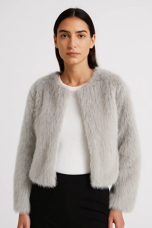 Women’s Cropped Faux Fur Jacket - Elegant Open Front Coat