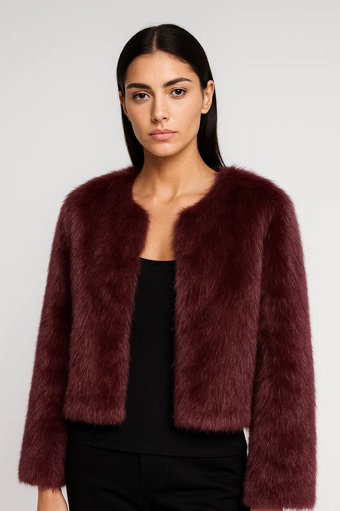 Women’s Cropped Faux Fur Jacket - Elegant Open Front Coat