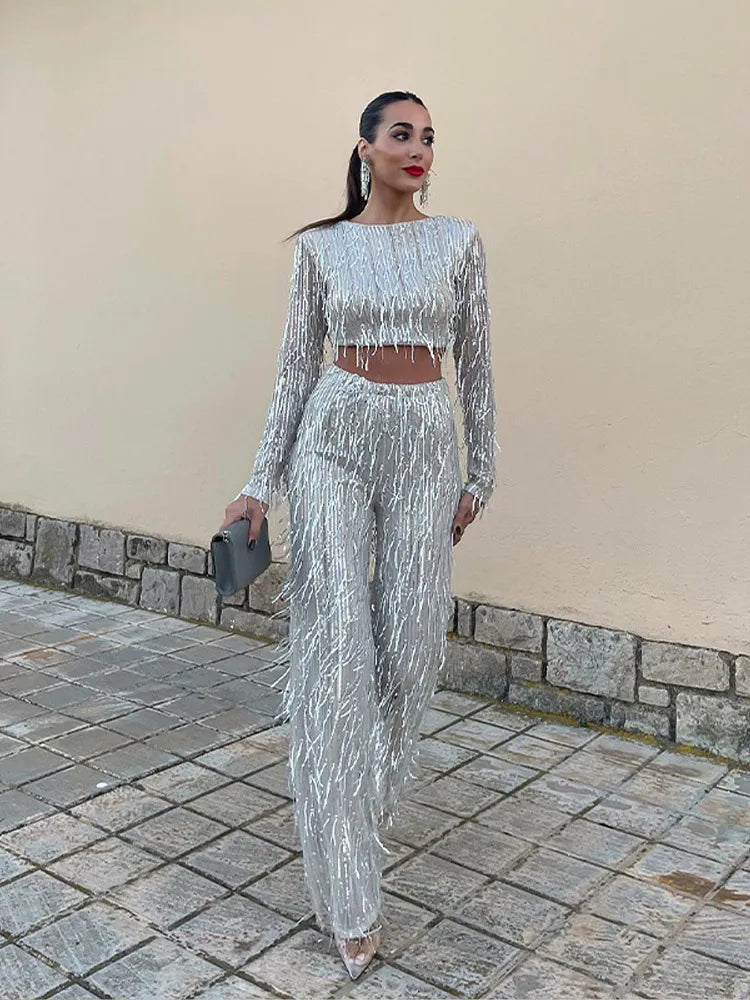 Women’s Cropped Sequin Top & Wide-Leg Pant Set