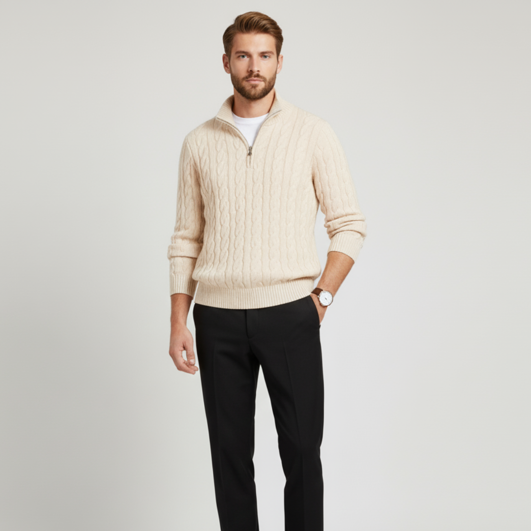 Men’s Cable Knit Half-Zip Sweater – Classic Textured Quarter-Zip Pullover