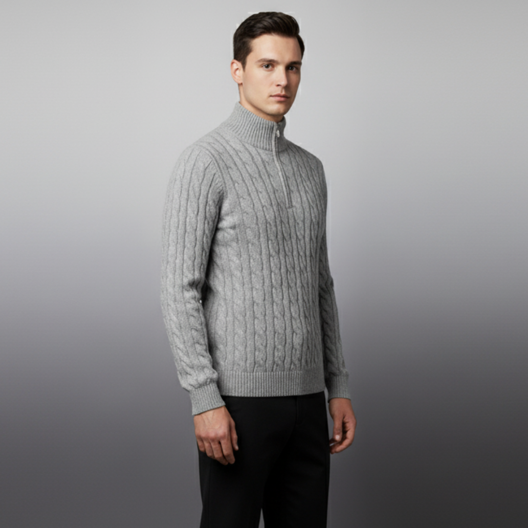 Men’s Cable Knit Half-Zip Sweater – Classic Textured Quarter-Zip Pullover