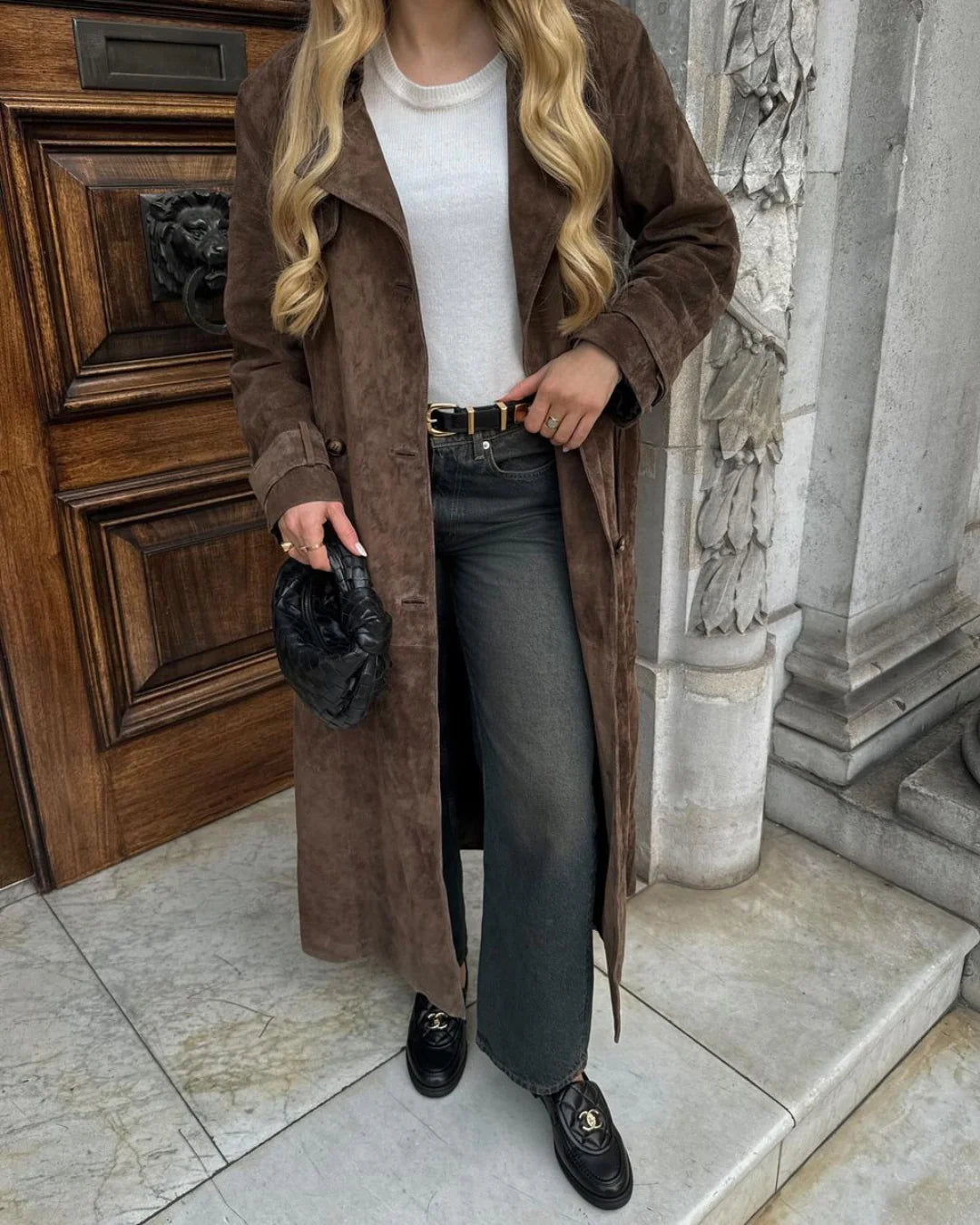 Women’s Suede Trench Coat – Double-Breasted & Self-Tie Waist