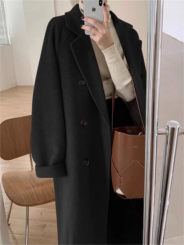 Women's Classic Double-Breasted Belted Long Coat - Lapel Collar