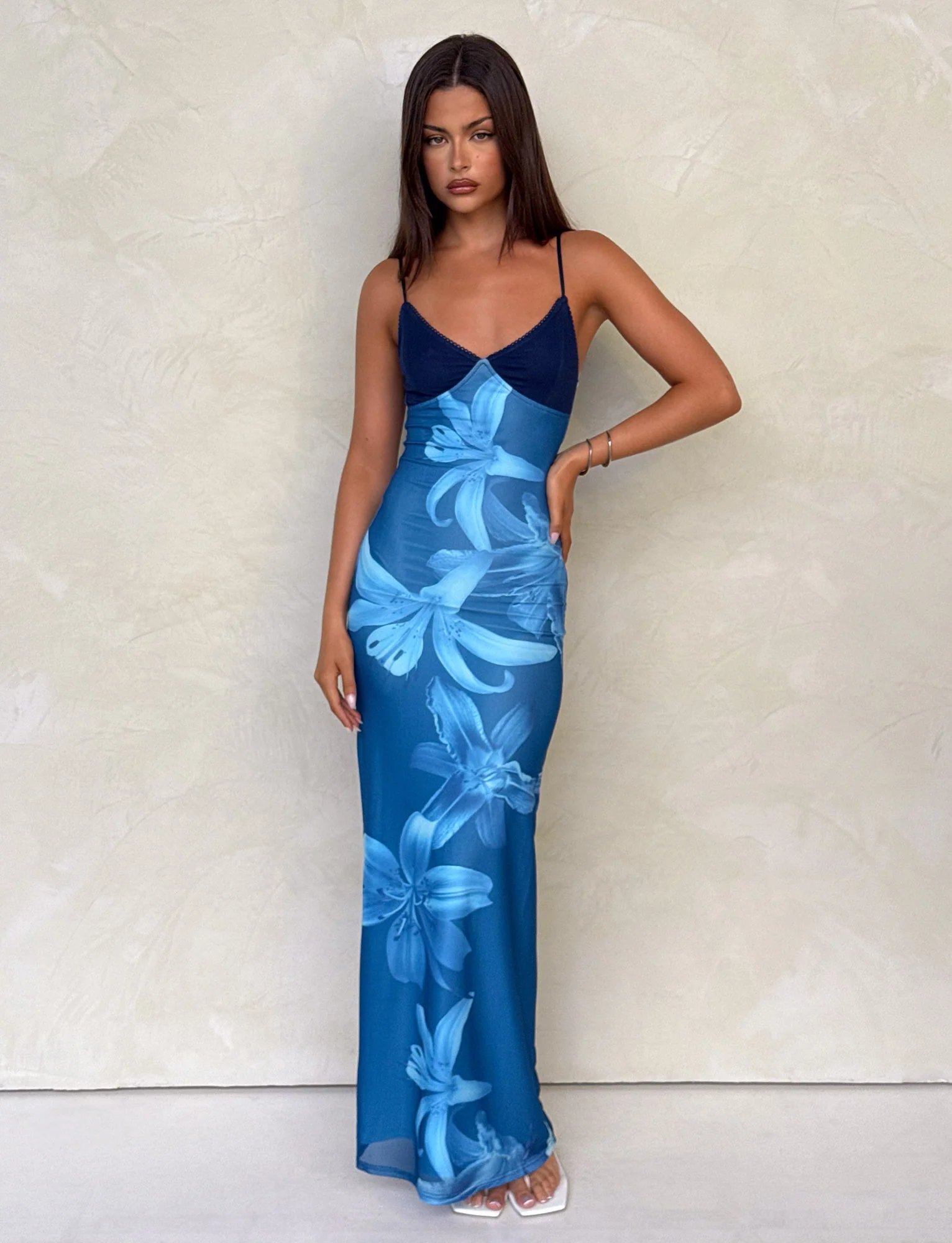 Alaina - Blue Floral Mesh Maxi Dress