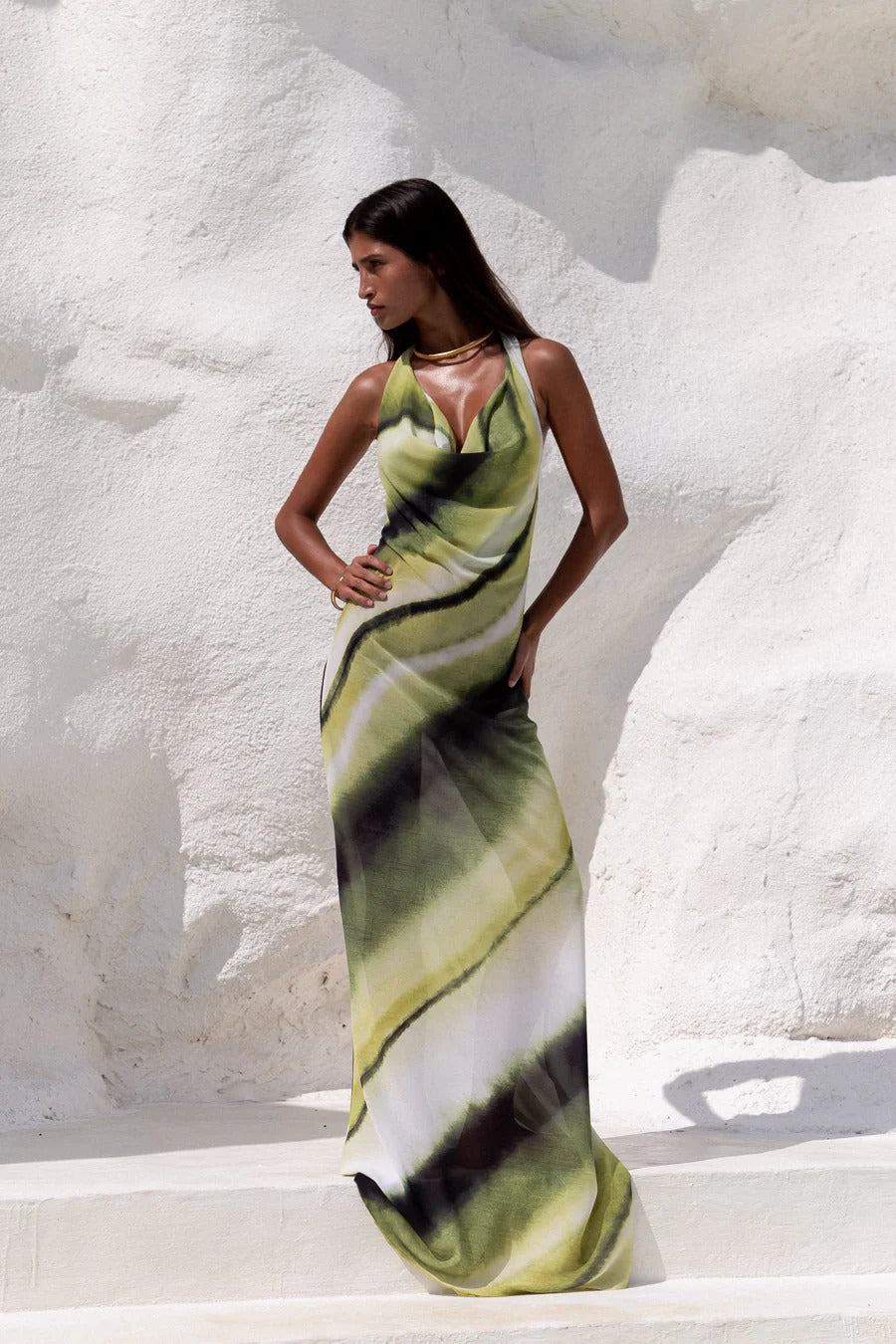 Saria - Watercolour Drape Halter Maxi Dress