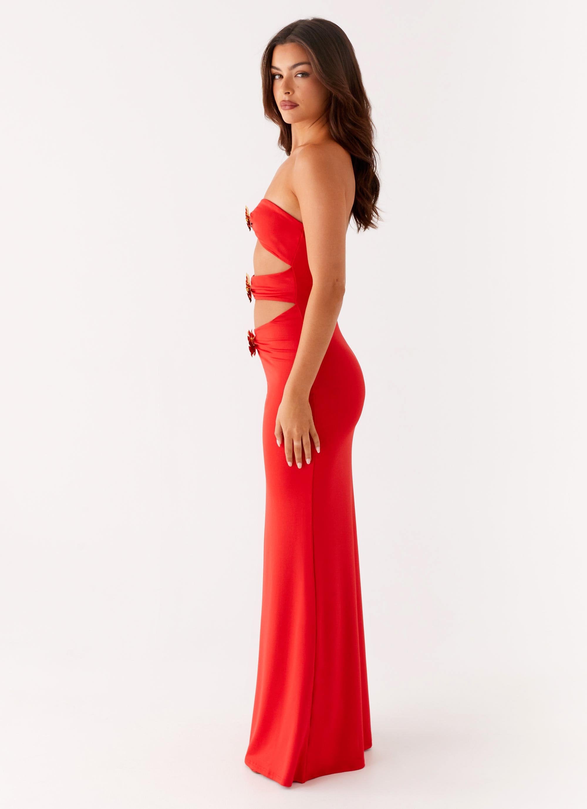 Raye - Strapless Floral Embellished Cut-Out Gown