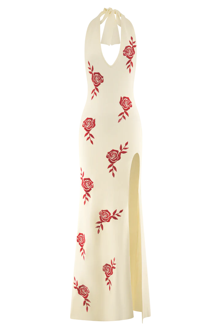 Valentina - Rose Embroidered Halter Neck Maxi Dress