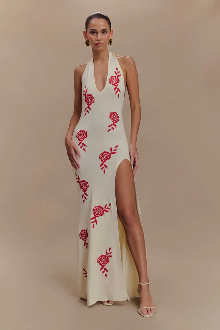 Valentina - Rose Embroidered Halter Neck Maxi Dress