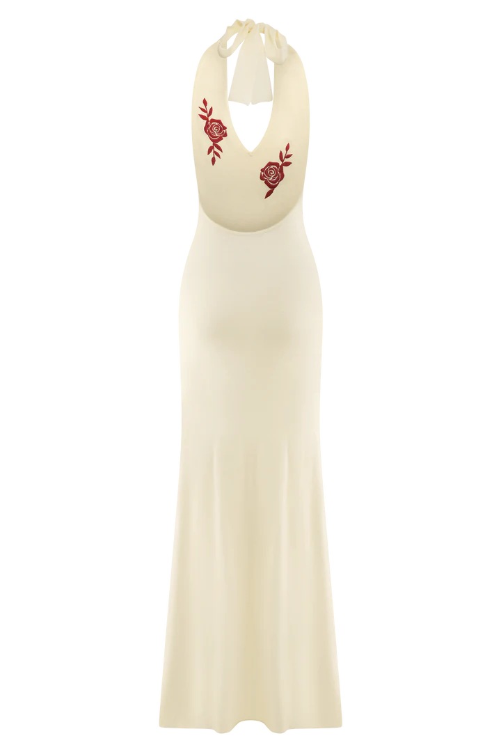 Valentina - Rose Embroidered Halter Neck Maxi Dress