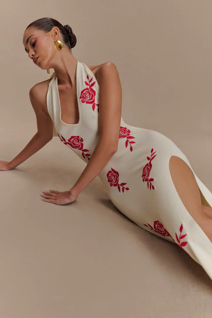 Valentina - Rose Embroidered Halter Neck Maxi Dress