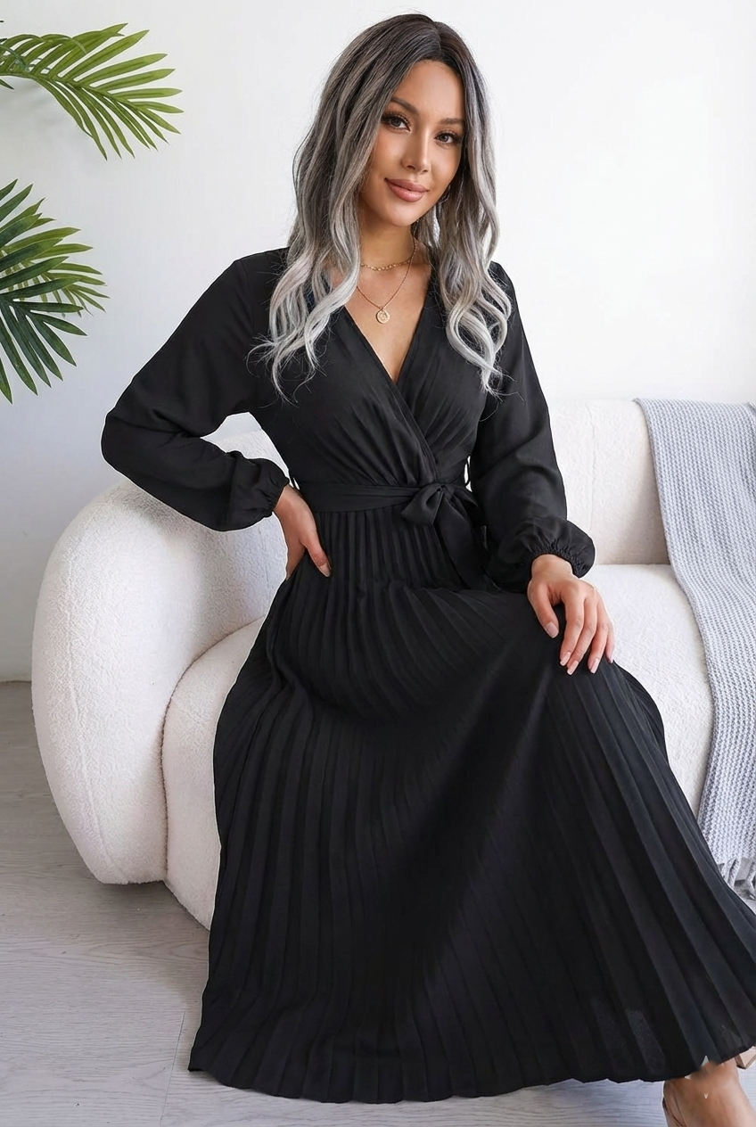 Women’s V-Neck Pleated Maxi Dress - Long Sleeve Wrap Style Belted Gown