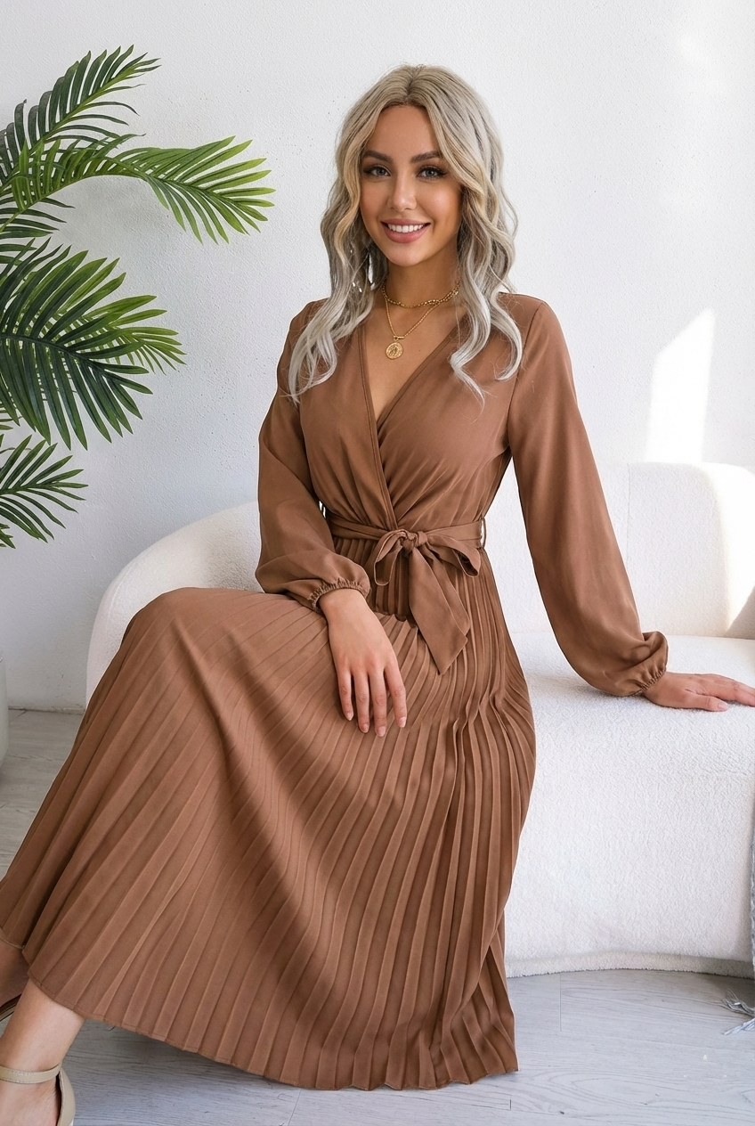 Women’s V-Neck Pleated Maxi Dress - Long Sleeve Wrap Style Belted Gown