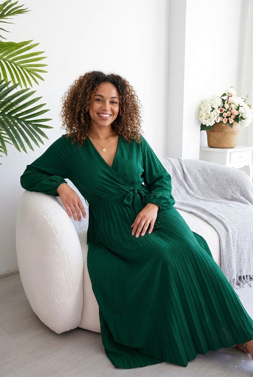 Women’s V-Neck Pleated Maxi Dress - Long Sleeve Wrap Style Belted Gown