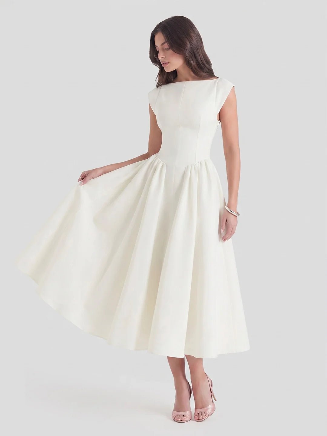 Women's 1950s-Inspired Satin Full-Skirt Midi Dress Bateau Neck