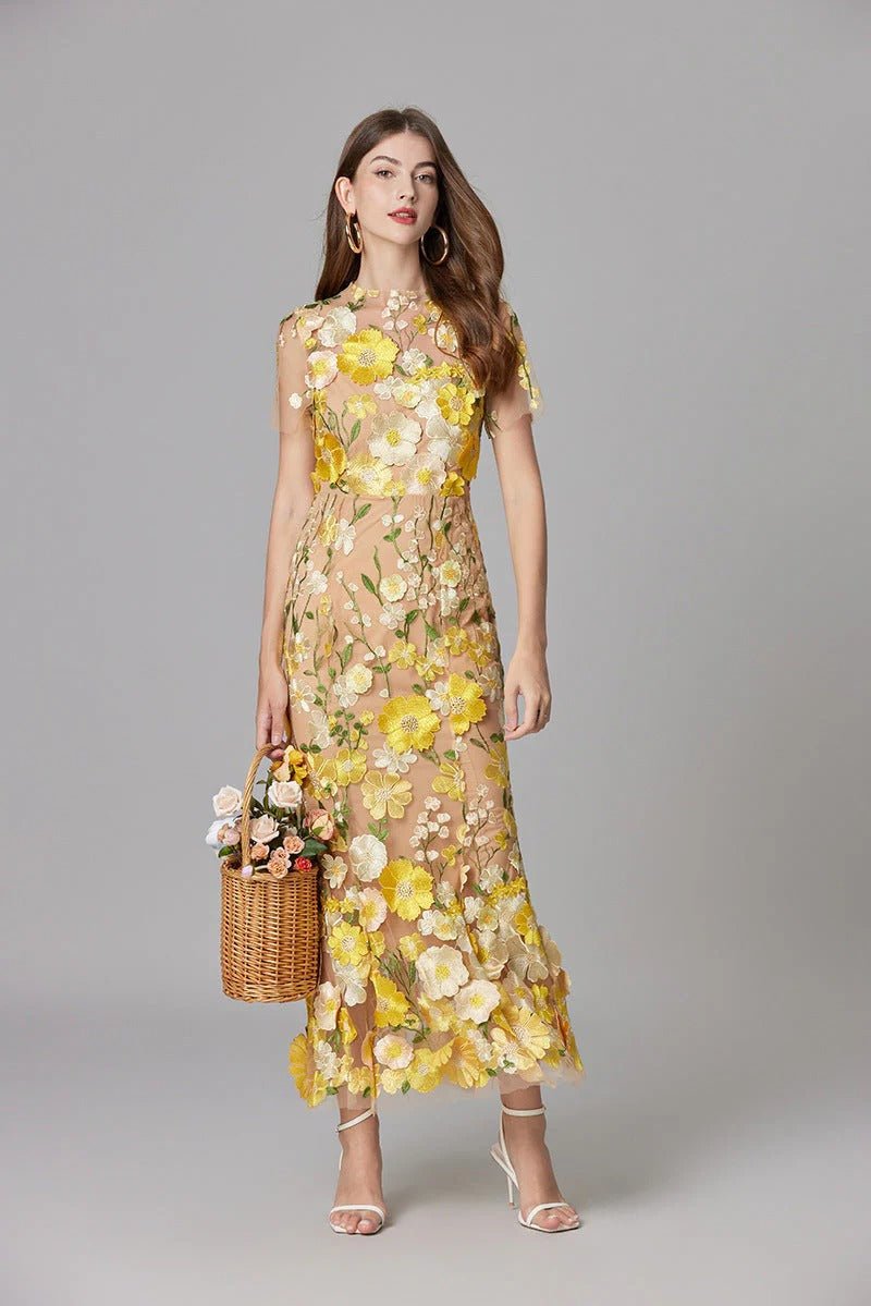 Women's 3D Floral Appliqué Sheer Mesh Sleeveless Column Maxi Dress