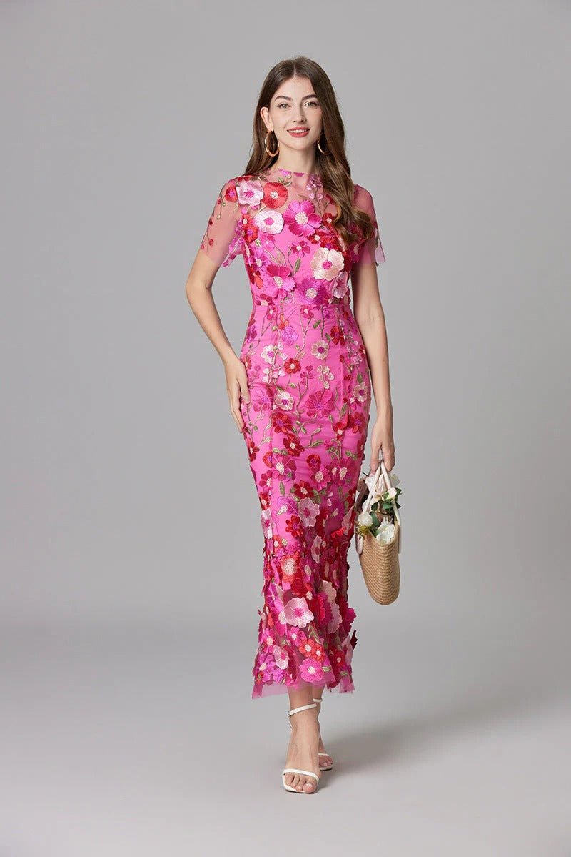 Women's 3D Floral Appliqué Sheer Mesh Sleeveless Column Maxi Dress